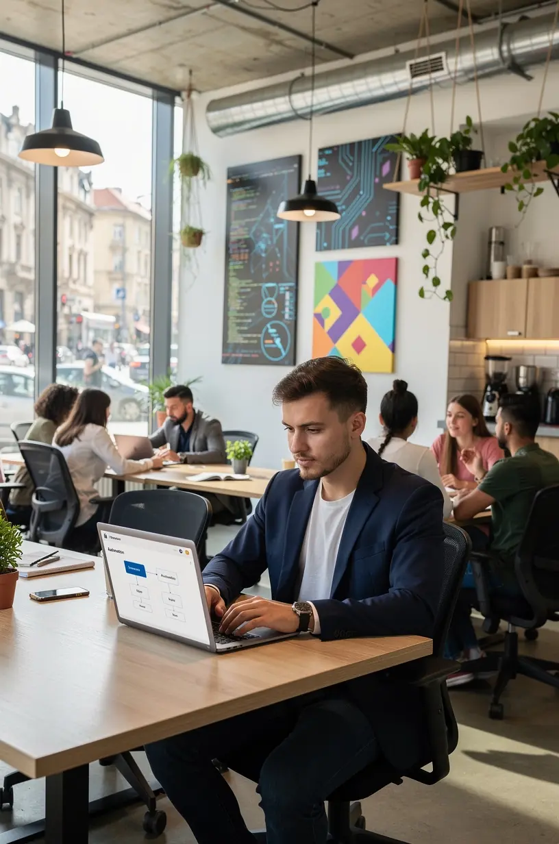 Persoană explicând strategii de automatizare folosind o tablă albă și diagrame detaliate.